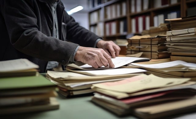 Mains en train de ranger des documents empilés pour but d'être classés