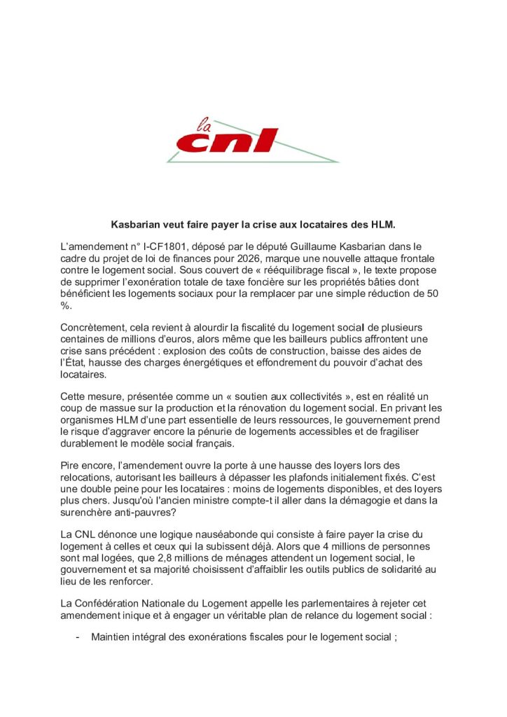 thumbnail of La CNL dénonce avec force l’amendement du projet de loi de finances 2026.