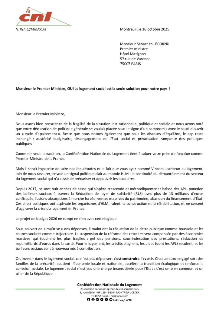 thumbnail of Lettre au 1er ministre: “Le logement social est la seule solution pour notre pays !”