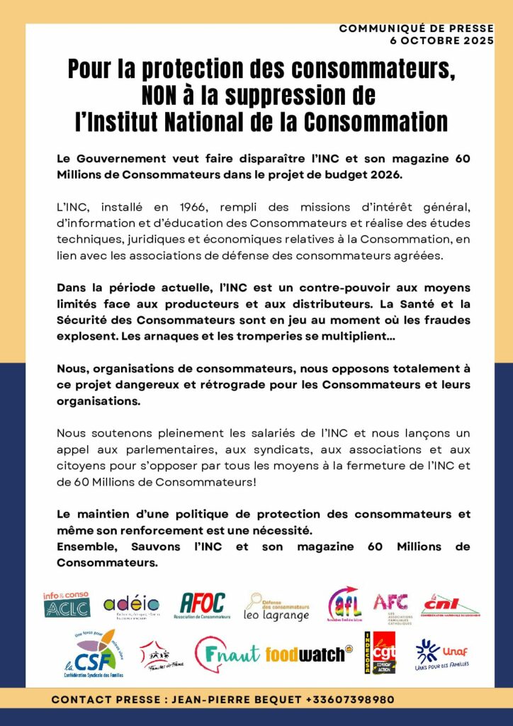 thumbnail of Institut national de la consommation (INC) : non à sa suppression ! – Octobre 2025