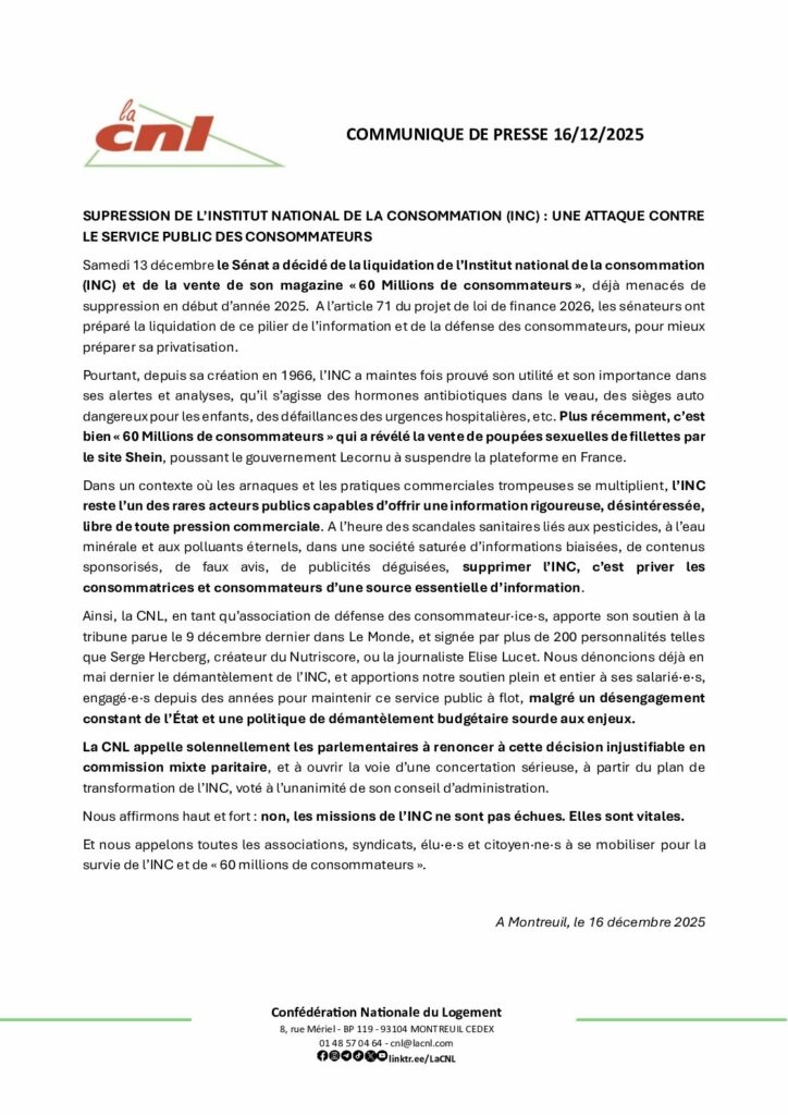 thumbnail of Communiqué contre la suppression de l&rsquo;INC et la vente de son magazine « 60 Millions de consommateurs »,