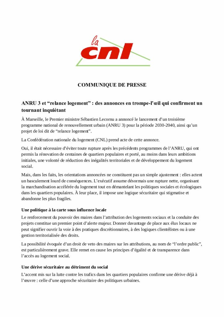 thumbnail of Réaction de la CNL ANRU et relance logement